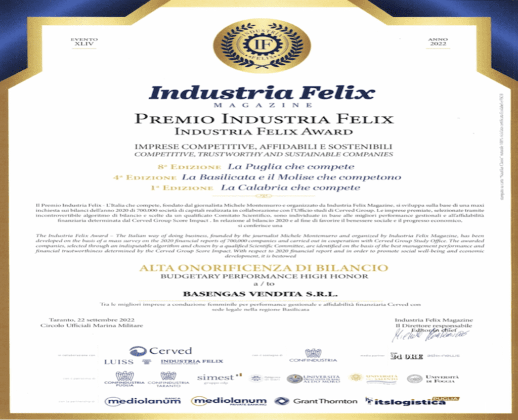 Basengas riceve il Premio Industria Felix: tra le migliori imprese per affidabilità e competitività